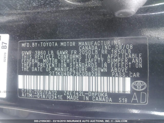 2T1KU40E79C098298 - 2009 TOYOTA COROLLA MATRIX  BLACK photo 9