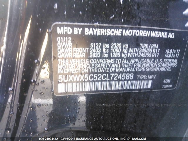 5UXWX5C52CL724588 - 2012 BMW X3 XDRIVE28I BLACK photo 9
