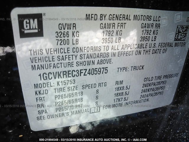 1GCVKREC3FZ405975 - 2015 CHEVROLET SILVERADO K1500 LT BLACK photo 9