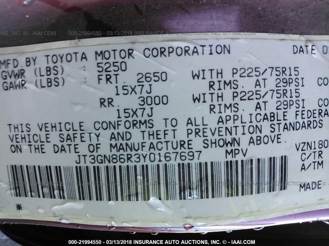 JT3GN86R3Y0167697 - 2000 TOYOTA 4RUNNER SR5 RED photo 9