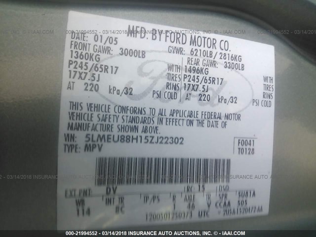 5LMEU88H15ZJ22302 - 2005 LINCOLN AVIATOR 绿色 照片 9