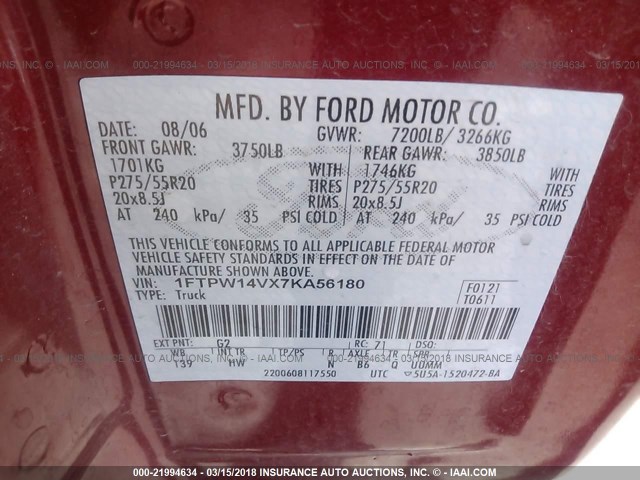 1FTPW14VX7KA56180 - 2007 FORD F150 SUPERCREW RED photo 9