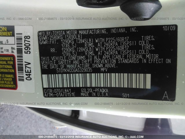 5TDYK4CC6AS329035 - 2010 TOYOTA SIENNA XLE/XLE LIMITED WHITE photo 9