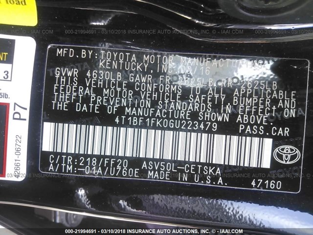 4T1BF1FK0GU223479 - 2016 TOYOTA CAMRY LE/XLE/SE/XSE BLACK photo 9