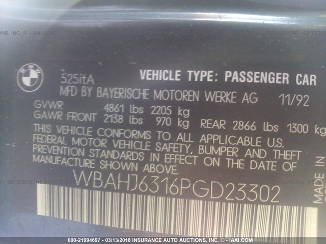 WBAHJ6316PGD23302 - 1993 BMW 525 IT AUTOMATIC მწვანე ფოტო 9