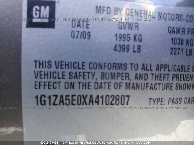 1G1ZA5E0XA4102807 - 2010 CHEVROLET MALIBU LS ფერფლისფერი ფოტო 9