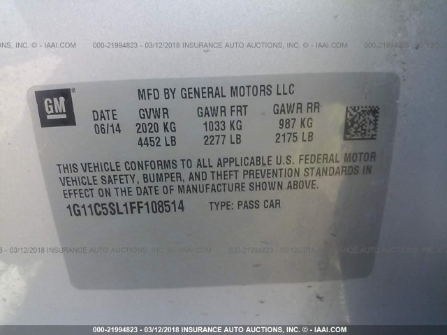 1G11C5SL1FF108514 - 2015 CHEVROLET MALIBU 1LT 银色 照片 9