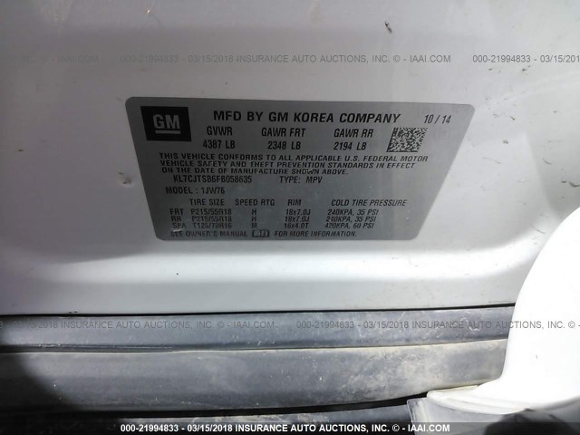 KL7CJTSB6FB058635 - 2015 CHEVROLET TRAX LTZ WHITE photo 9