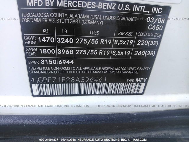 4JGBF71E28A396461 - 2008 MERCEDES-BENZ GL 450 4MATIC WHITE photo 9