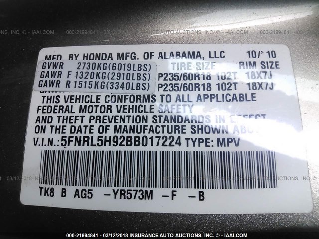 5FNRL5H92BB017224 - 2011 HONDA ODYSSEY TOURING/TOURING ELITE GOLD photo 9