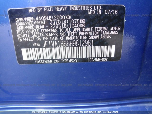 JF1VA1B66H9812961 - 2017 SUBARU WRX BLUE photo 9