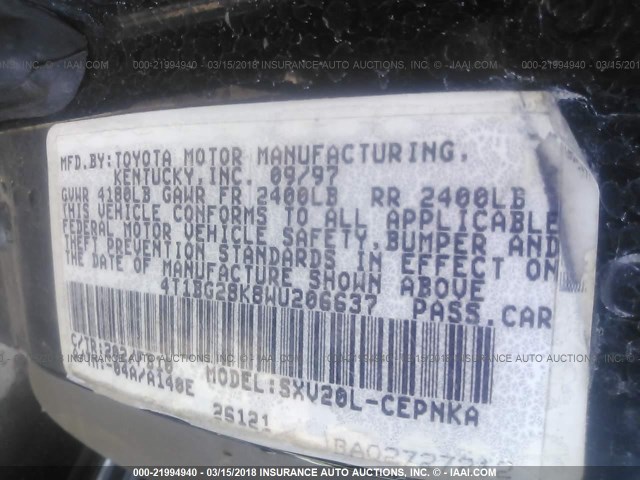 4T1BG28K8WU206637 - 1998 TOYOTA CAMRY CE/LE/XLE 黑色 照片 9