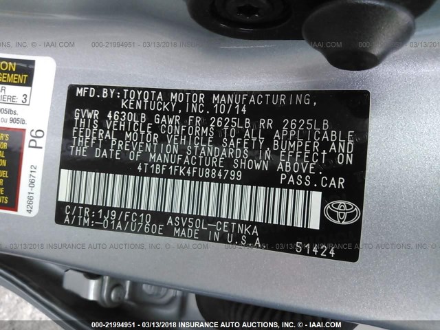 4T1BF1FK4FU884799 - 2015 TOYOTA CAMRY LE/XLE/SE/XSE SILVER photo 9