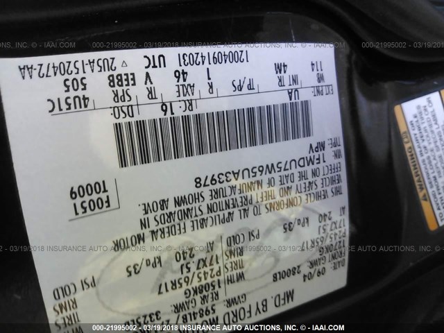 1FMDU75W65UA33978 - 2005 FORD EXPLORER LIMITED 黑色 照片 9