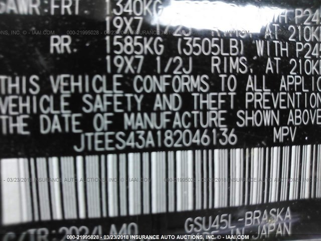 JTEES43A182046136 - 2008 TOYOTA HIGHLANDER SPORT GRAY photo 9