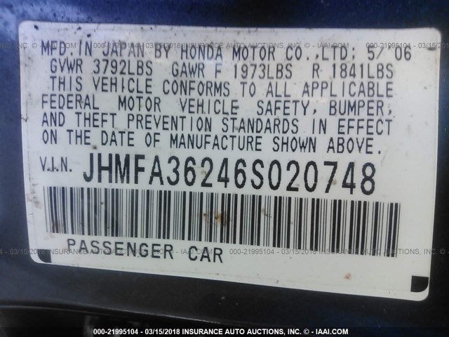 JHMFA36246S020748 - 2006 HONDA CIVIC HYBRID GRAY photo 9