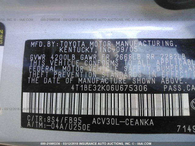 4T1BE32K06U675306 - 2006 TOYOTA CAMRY LE/XLE/SE 蓝色 照片 9