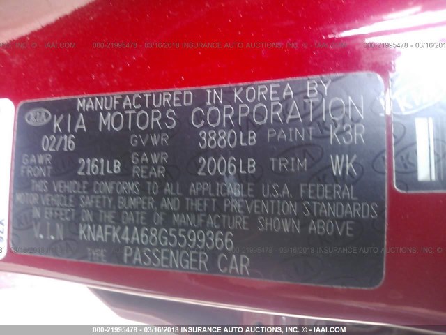 KNAFK4A68G5599366 - 2016 KIA FORTE LX RED photo 9