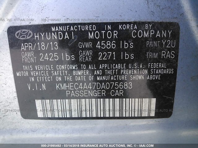 KMHEC4A47DA075683 - 2013 HYUNDAI SONATA HYBRID BLUE photo 9