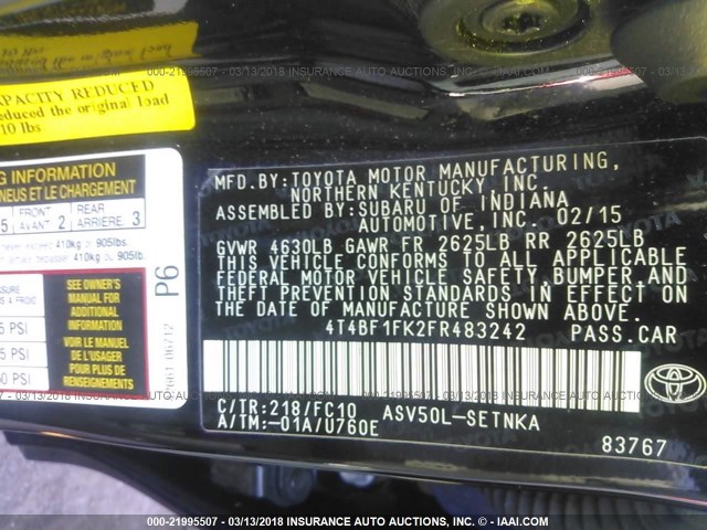 4T4BF1FK2FR483242 - 2015 TOYOTA CAMRY LE/XLE/SE/XSE 黑色 照片 9