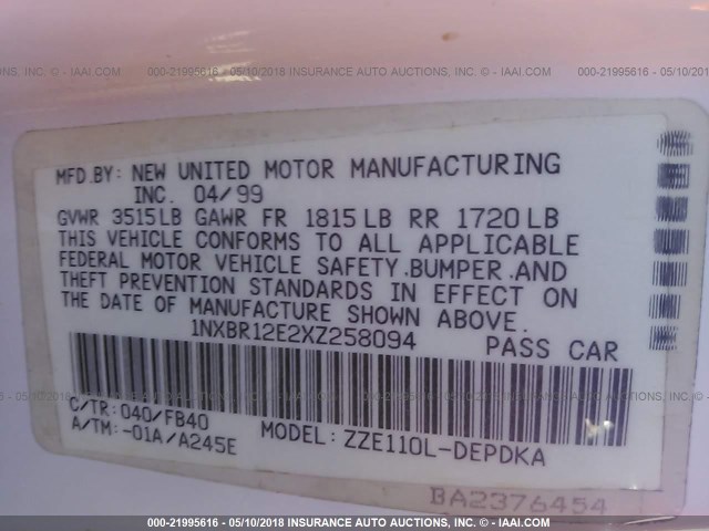 1NXBR12E2XZ258094 - 1999 TOYOTA COROLLA VE/CE/LE 白色 照片 9