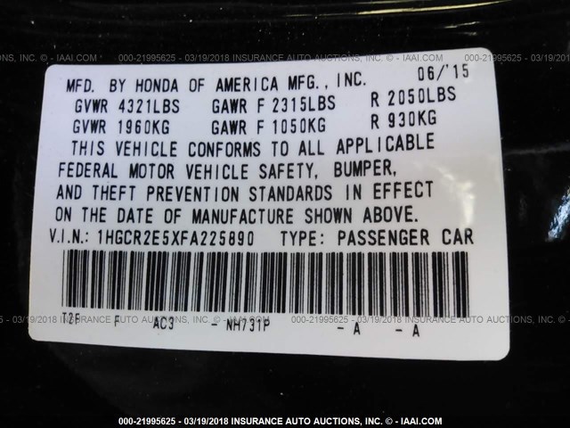 1HGCR2E5XFA225890 - 2015 HONDA ACCORD SPORT 黑色 照片 9