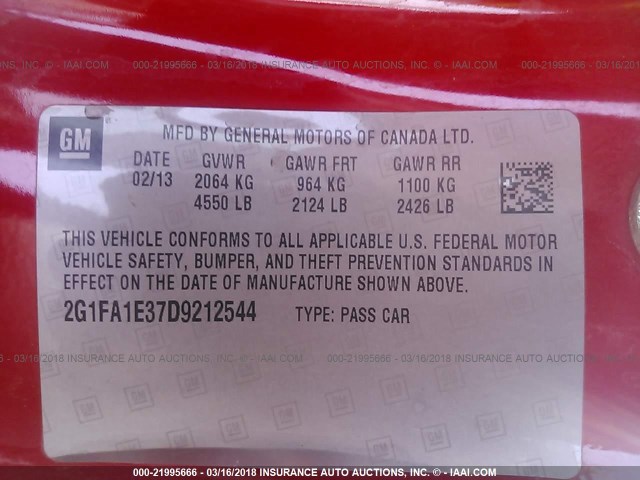 2G1FA1E37D9212544 - 2013 CHEVROLET CAMARO LS RED photo 9