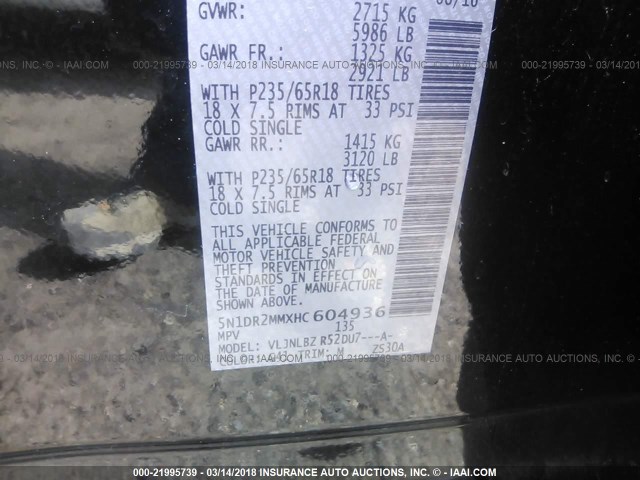 5N1DR2MMXHC604936 - 2017 NISSAN PATHFINDER S/SV/SL/PLATINUM 黑色 照片 9