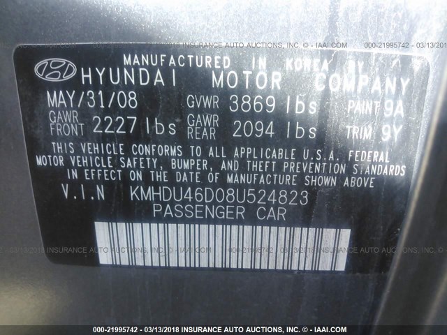 KMHDU46D08U524823 - 2008 HYUNDAI ELANTRA GLS/SE/LIMITED GRAY photo 9