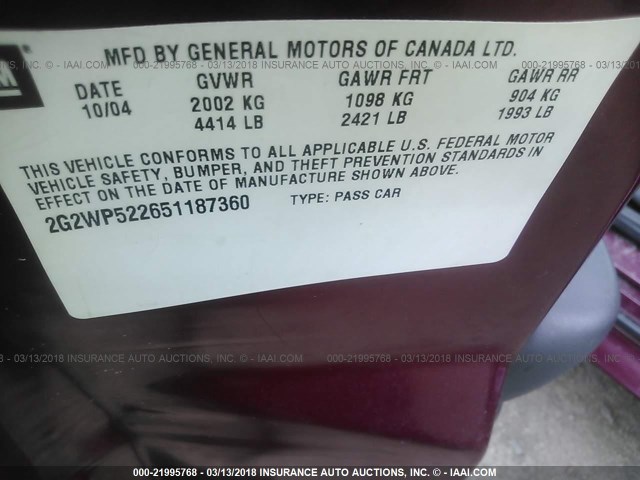 2G2WP522651187360 - 2005 PONTIAC GRAND PRIX RED photo 9