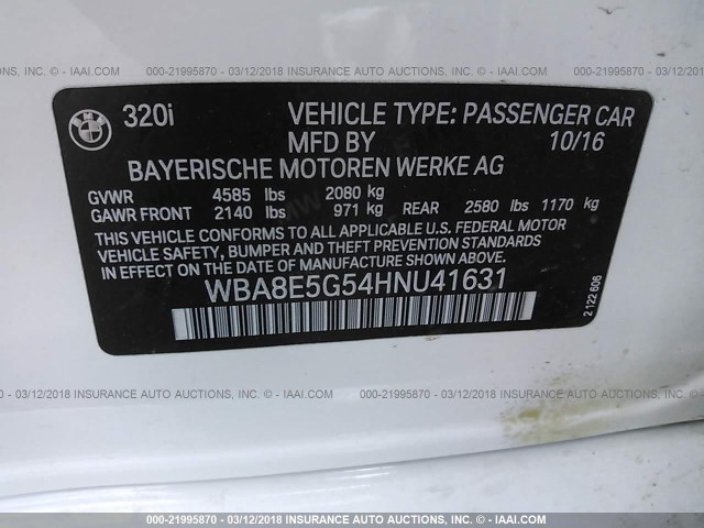 WBA8E5G54HNU41631 - 2017 BMW 320 XI WHITE photo 9