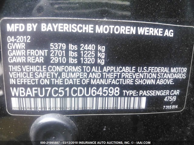 WBAFU7C51CDU64598 - 2012 BMW 535 XI BLACK photo 9