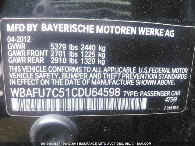 WBAFU7C51CDU64598 - 2012 BMW 535 XI Qara foto 9