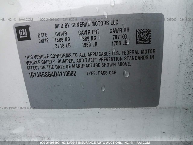 1G1JA5SG4D4110582 - 2013 CHEVROLET SONIC LS 白色 照片 9