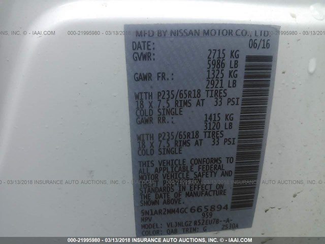 5N1AR2MM4GC665894 - 2016 NISSAN PATHFINDER S/SV/SL/PLATINUM 白色 照片 9