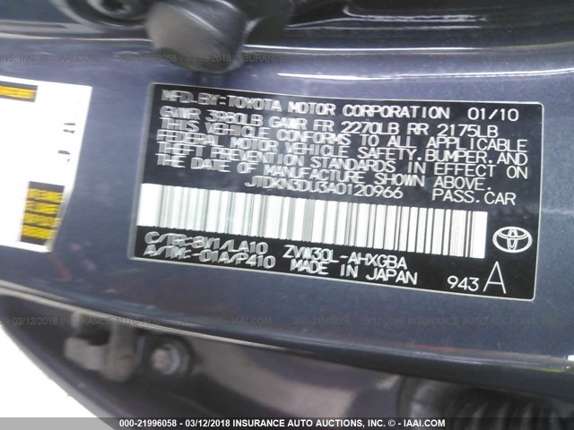 JTDKN3DU3A0120966 - 2010 TOYOTA PRIUS GRAY photo 9