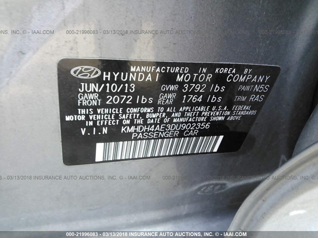 KMHDH4AE3DU902356 - 2013 HYUNDAI ELANTRA GLS/LIMITED GRAY photo 9