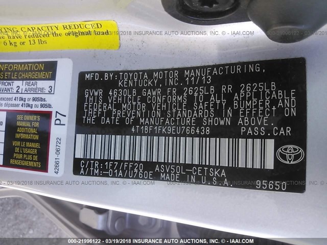4T1BF1FK9EU766438 - 2014 TOYOTA CAMRY L/SE/LE/XLE 银色 照片 9