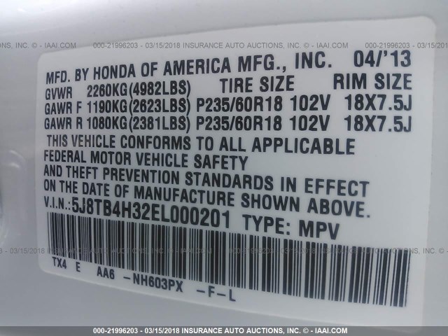 5J8TB4H32EL000201 - 2014 ACURA RDX WHITE photo 9