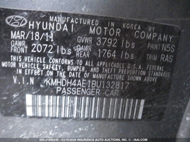 KMHDH4AE1BU132817 - 2011 HYUNDAI ELANTRA GLS/LIMITED GRAY photo 9