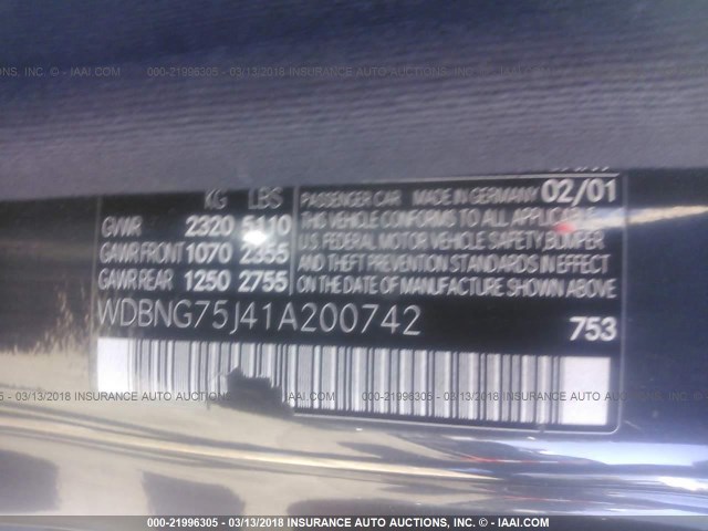 WDBNG75J41A200742 - 2001 MERCEDES-BENZ S 500 GRAY photo 9