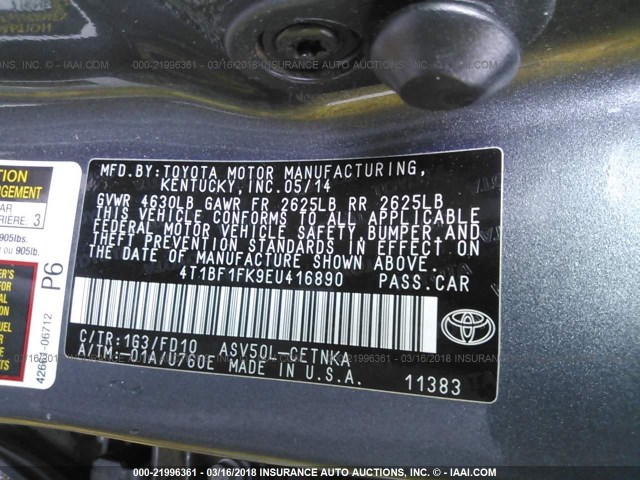 4T1BF1FK9EU416890 - 2014 TOYOTA CAMRY L/SE/LE/XLE 灰色 照片 9
