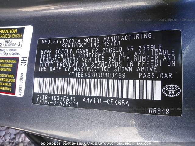 4T1BB46K89U103199 - 2009 TOYOTA CAMRY HYBRID GRAY photo 9