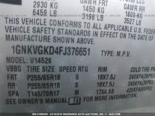1GNKVGKD4FJ376651 - 2015 CHEVROLET TRAVERSE LT SILVER photo 9