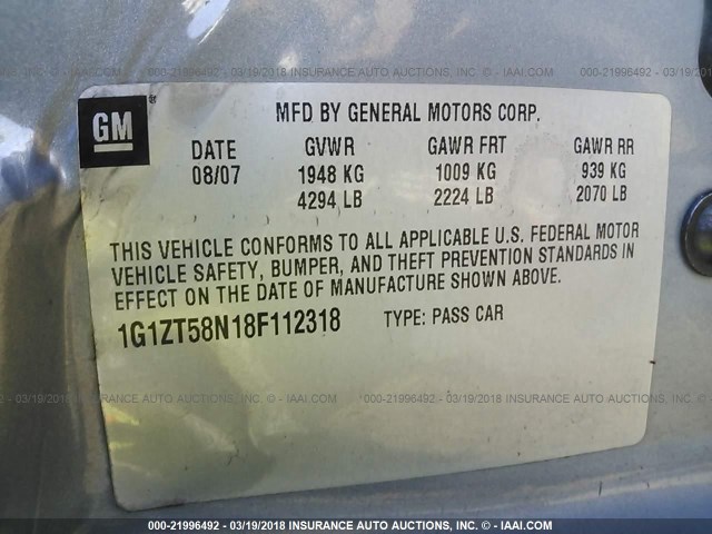 1G1ZT58N18F112318 - 2008 CHEVROLET MALIBU LT/CLASSIC 浅蓝色 照片 9