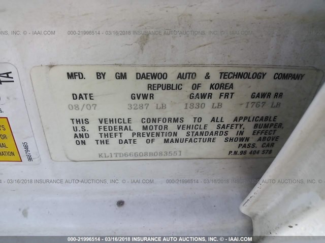 KL1TD66608B083551 - 2008 CHEVROLET AVEO LS 白色 照片 9