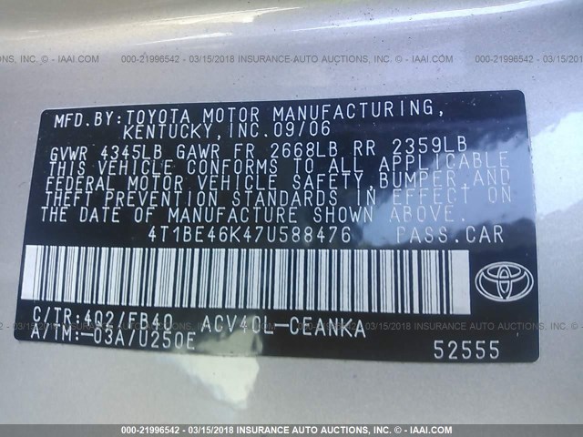 4T1BE46K47U588476 - 2007 TOYOTA CAMRY NEW GENERAT CE/LE/XLE/SE GOLD photo 9