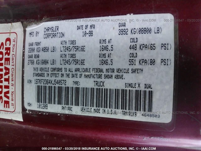 1B7KF2364XJ540572 - 1999 DODGE RAM 2500 RED photo 9