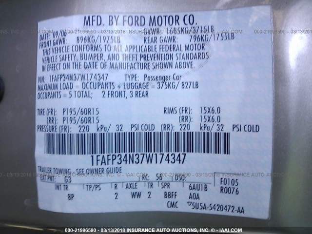 1FAFP34N37W174347 - 2007 FORD FOCUS ZX4/S/SE/SES 棕色 照片 9