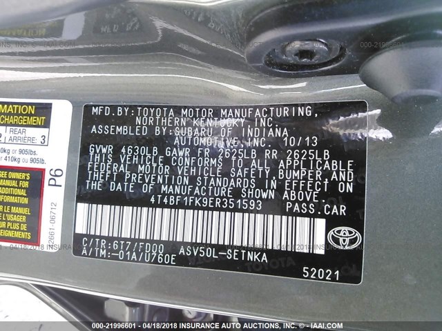 4T4BF1FK9ER351593 - 2014 TOYOTA CAMRY L/SE/LE/XLE 绿色 照片 9